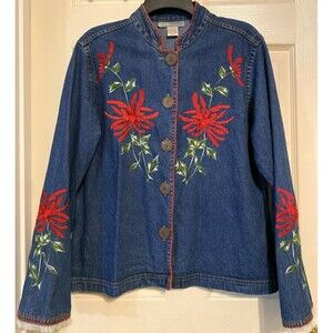 VTG Denim Jacket Womens L Shacket Floral Fringe 90s Boho Festival Western Retro